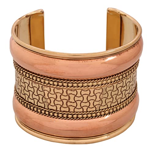 Touchstone Indian Bollywood Handcrafted Slip In Easy To Wear Stylish Wrist Enhancer Designer Broad Jewelry Cuff Bracelet For Women and Men. - style: Braided two tone floral 2