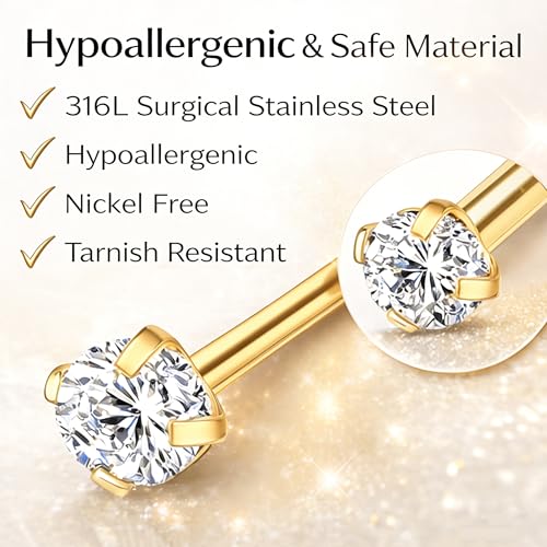 davka 20G L Shape Nose Studs 6PCS, 7mm Bar 3mm CZ Stainless Steel Nose Rings for Nostril Piercing, Small Snug Fit Nose Stud Jewelry for Daily Wear Work Sleep Women Men - color: 20G Mixed Shape Gold Nose Stud