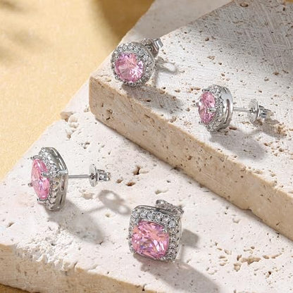 18K Gold Plated Halo Stud Earrings 925 Sterling Silver Cubic Zirconia Stud Earrings Round Square Diamonique Stud Earrings Set for Women Men - color: Silver&Pink