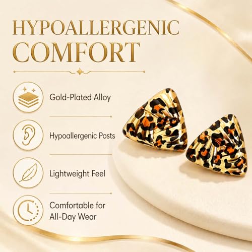 Golden Geometric Leopard Print Earrings for Women,Retro Gold Plated Square and Triangle Studs,Hypoallergenic Statement Jewelry,Fashion Animal Print Accessories Earring for Everyday & Party Wear - color: Triangle Leopard