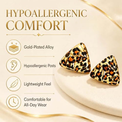 Golden Geometric Leopard Print Earrings for Women,Retro Gold Plated Square and Triangle Studs,Hypoallergenic Statement Jewelry,Fashion Animal Print Accessories Earring for Everyday & Party Wear - color: Triangle Leopard