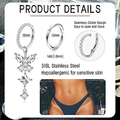 THUNARAZ 14G Hoop Belly Button Rings for Women CZ Clicker Navel Piercing | Surgical Stainless Steel Belly Navel Rings, Hoop Heart Butterfly Dangle Belly Piercing Jewelry - color: Silver Tone-Dangle Butterfly