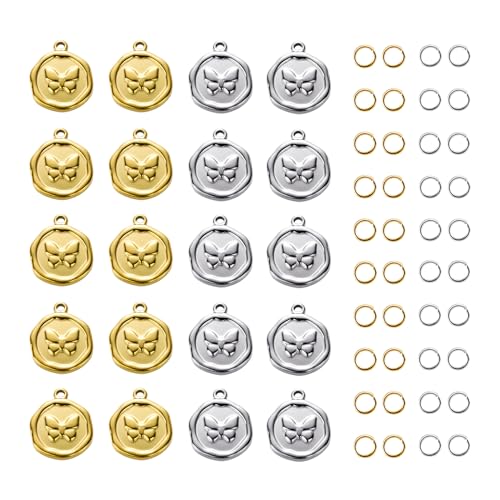 10pcs Gold Plated Stainless Steel Charms + 10pcs Steel Color Butterfly Charm Pendant Bulk with 40pcs Jump Rings - color: Butterfly Gold Silver