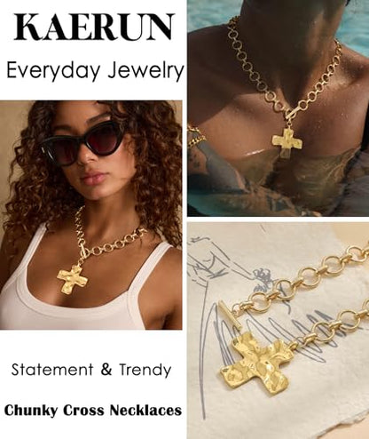 Chunky Gold Necklace for Women Trendy Non Tarnish 14K Gold Plated Paperclip Chain Charm Necklaces Chunky Heart Cross Clover Pearl Pendant Necklace with Toggle Clasp Statement Jewelry Gift for Women - color: F-Cross