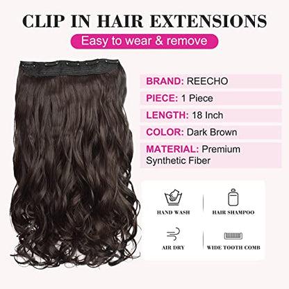 REECHO 18" 1-Pack 3/4 Full Head Curly Wavy Clips in on Synthetic Hair Extensions HE008 Hairpieces for Women 5 Clips 4.0 Oz per Piece - Dark Brown - color: Dark Brown, size: 18 Inch (Pack of 1)