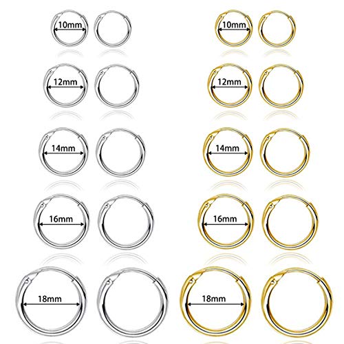 5-10 Pairs Small Gold Silver Hoop Earrings for Women, Stainless Steel Earrings Set Mens Lightweight Thin Hypoallergenic Small Hoops Set - style: 10pcs-G+S