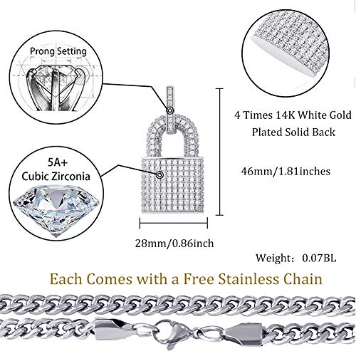 TOPGRILLZ 14K Gold Plated Iced out Lock Pendant Necklace for Women and Men Punk Rock Aesthetic Chains Padlock Necklace - color: White Gold