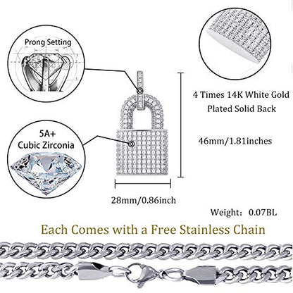 TOPGRILLZ 14K Gold Plated Iced out Lock Pendant Necklace for Women and Men Punk Rock Aesthetic Chains Padlock Necklace - color: White Gold