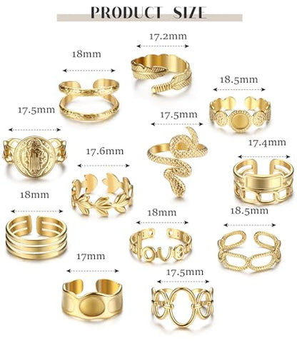 Besteel 18K Gold Plated Rings for Women, Stainless Steel Statement Rings Pack Stacking Boho Midi Rings Adjustable Open Ring Band Twisted Signet Rings Non Tarnish Gold Rings