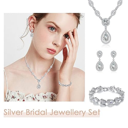 GULICX AAA Cubic Zirconia CZ Silver Plated Base Women's Party Jewelry Set Earrings Pendant Necklace - color: White Set