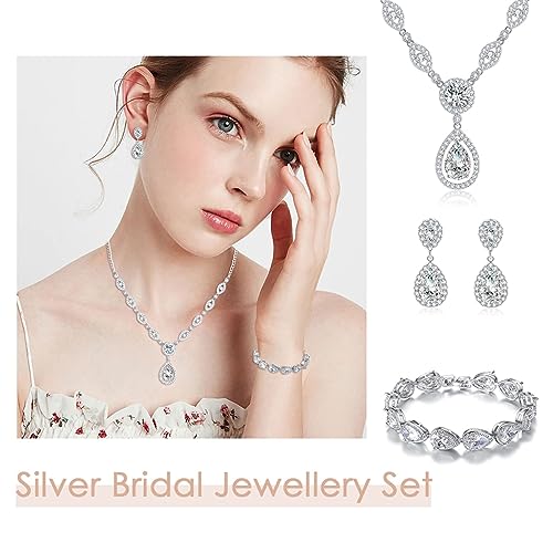 GULICX AAA Cubic Zirconia CZ Silver Plated Base Women's Party Jewelry Set Earrings Pendant Necklace - color: White Set