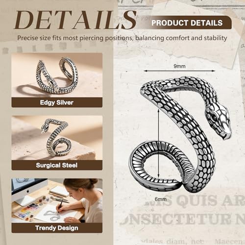 Gothic Stainless Steel Ear Cuffs Non Piercing Cartilage Clip On | Punk Emo Y2k Alt Goth Style,Men Women,Silver Fake Earring,Hypoallergenic Adjustable,Jewelry Gift,Edgy design - color: L4-Black Snake Design