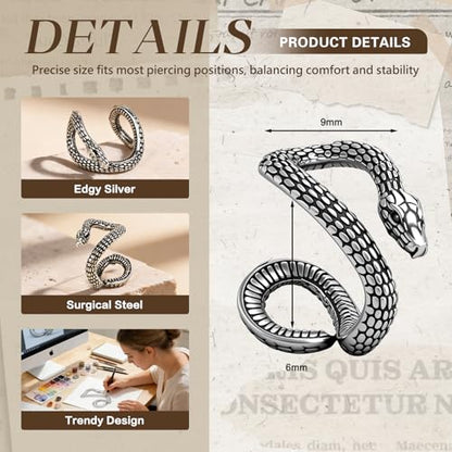 Gothic Stainless Steel Ear Cuffs Non Piercing Cartilage Clip On | Punk Emo Y2k Alt Goth Style,Men Women,Silver Fake Earring,Hypoallergenic Adjustable,Jewelry Gift,Edgy design - color: L4-Black Snake Design