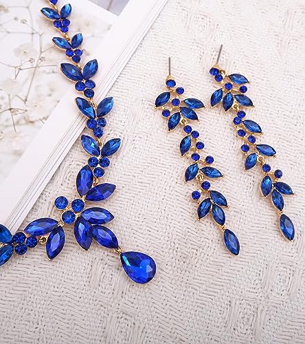 CSY Elegant Bridal Jewelry Sets Wedding Prom Homecoming Gown Accessories | Austrian Marquise Crystal Wedding Necklace Dangle Earrings Tennis Bracelet Ring Set for Bride Women Costume Accessories - color: royal blue-gold tone