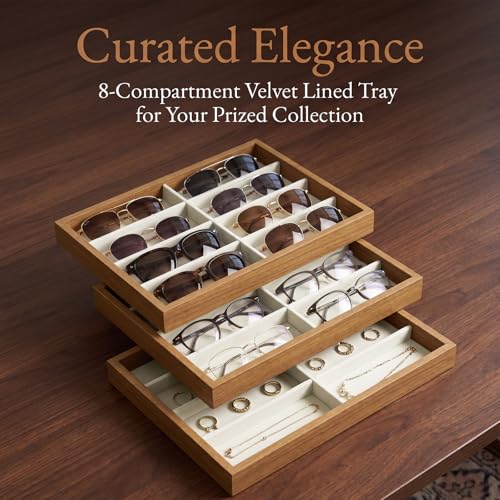Stratalife 8 Grids Drawer Sunglasses Organizer Tray, Beige Velvet | Stackable Eyeware Storage Case with Removable Dividers, Wood Jewelry Display Case for Necklace Bracelet, 13.78x9.5x1.2 Inch - color: Beige-01