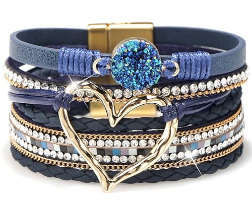 Suyi Multilayer Leather Wrap Bracelet Heart-Shape Wide Bracelets for Women - color: Blue