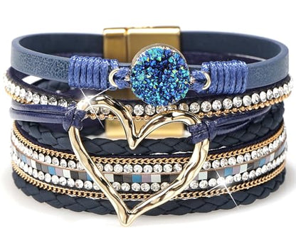 Suyi Multilayer Leather Wrap Bracelet Heart-Shape Wide Bracelets for Women - color: Blue