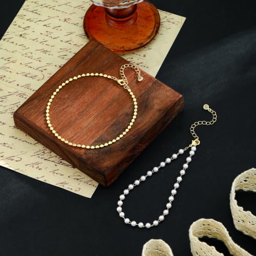 Gold Ankle Bracelets for Women, Dainty 14K Gold Plated Anklets for Women Waterproof Cuban Link Chain Pearl Anklet Set Trendy Layered Stackable Ankle Bracelet Non Tarnish Jewelry for Her - color: A0245
