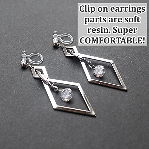 Drop Cubic Zirconia Invisible Clip On Earrings for Women Not Pierced Gold Teardrop Sqaure CZ Crystal Dangle Gold Silver Comfortable Clip On Earrings Bridal Wedding Prom - color: Diamond Silver