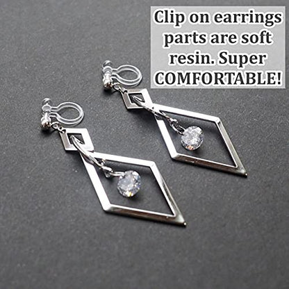 Drop Cubic Zirconia Invisible Clip On Earrings for Women Not Pierced Gold Teardrop Sqaure CZ Crystal Dangle Gold Silver Comfortable Clip On Earrings Bridal Wedding Prom - color: Diamond Silver