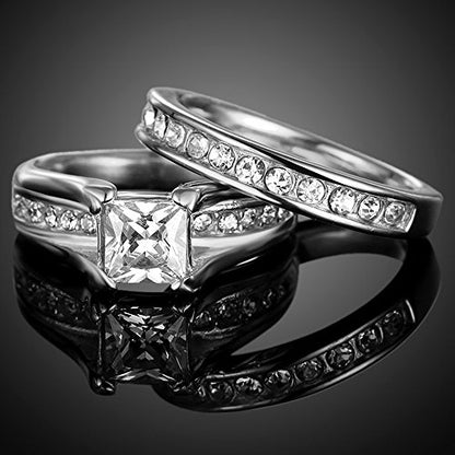 Jude Jewelers Stainless Steel Princess Cut Wedding Engagement Ring Set Anniversary Propose Eternity Bridal Halo