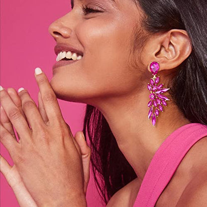 Women's Wedding Bridal Earrings Prom Dangle Earring | Shiny Crystal Teardrop Multi Marquise Cluster for Bride Bridesmaid Bling Jewelry Costume Party Accessories - color: 05-Fuchsia