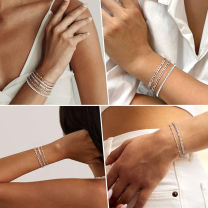 Gold Bracelets for Women, 14K Gold Plated Stackable Bracelet Stack Set Adjustable Charm Paperclip Chain Cuban Link Layered Waterproof Jewelry Sets Gifts for Womens 6.5 Inch - color: Silver-A 6.8 IN