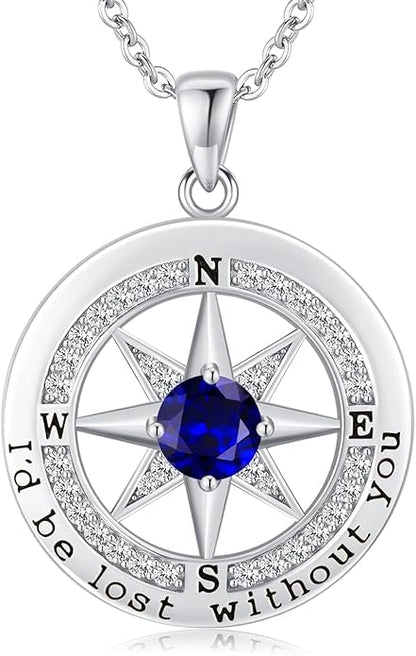 Compass Necklace for Women Wife Girlfriend Mom Daughter Gifts | S925 Silver Jewelry For Anniversary 18K Rose Gold Gifts For Birthday Christmas Mothers Valentines Day 12 Birthstones - style: 09-September-Silver