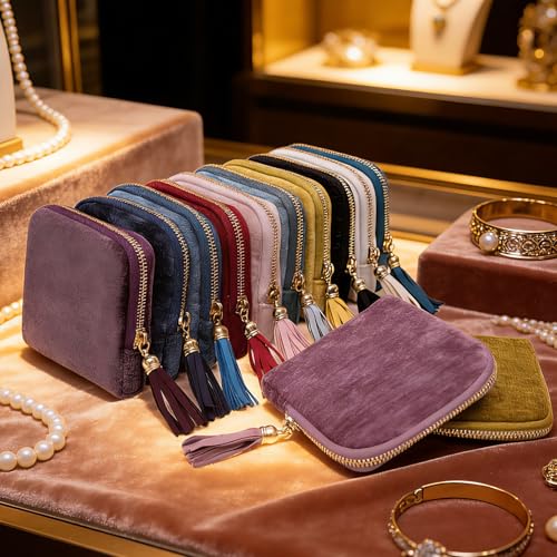 Women's Coin Purses Velvet Mini Travel Jewelry Case Bag with Tassel - color: A-Olive Green