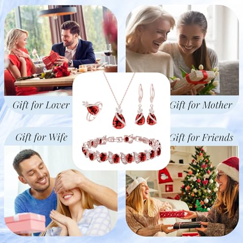 GZWHD Jewelry Set for Women CZ Earrings Necklace Ring Bracelet Set Prom Party Wedding Jewelry Gift for Mother Friend Wife - color: A-Rose Gold-Garnet