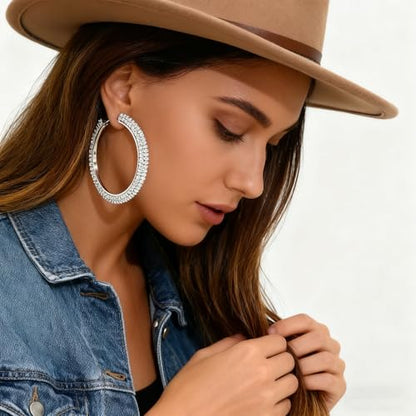 Large Silver Rhinestone Hoop Earrings Sparkly Big Hoop Earrings for Women Bling Chunky Silver Hoops 40/50/60/70mm Trendy Prom Wedding Christmas Jewelry - style: Diameter - 40mm