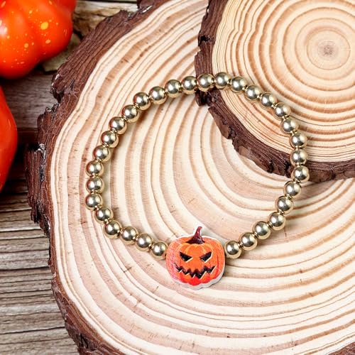 Halloween Gold Beaded Bracelets Wooden Pumpkin Ghost Bat Spider Beads Stretch Bracelet Funny Halloween Holiday Party Gifts for Women - color: A