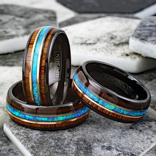 Cool Modern Classic 8mm Polished Black Tungsten Carbide Low Dome Band Ring with Dazzling Man-Made Hawaii Blue Opal Between Koa Wood Inlays.