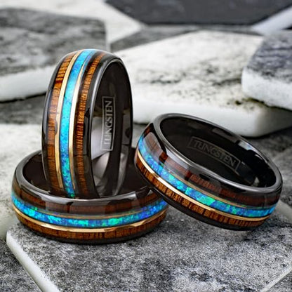 Cool Modern Classic 8mm Polished Black Tungsten Carbide Low Dome Band Ring with Dazzling Man-Made Hawaii Blue Opal Between Koa Wood Inlays.