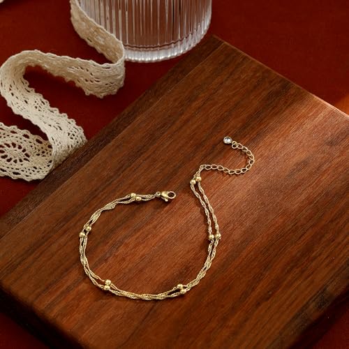 ASCOMY Ankle Bracelets for Women 14K Gold/Silver Plated Anklets for Women Waterproof Layered Cute Beads Dot Shining Twist Rope Chain Pearl Bar Link Heart Anklets Summer Beach Foot Chain Jewelry Gifts - style: Beads Link-GD
