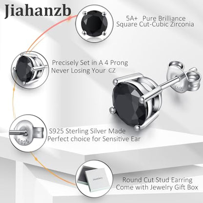 Sparkling 925 Sterling Silver Round Cut 5A+ Cubic Zirconia CZ Stud Earrings Hypoallergenic Earrings for Women/Men 4MM-8MM - color: B: Black, size: 4mm