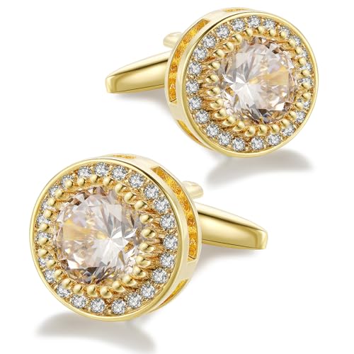Crystal Cufflinks for Men CZ Cuff Links Sparkle Diamond Gold Ornate Cufflinks for Wedding Groom Best Man - style: Gold