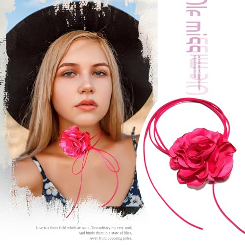 Pink Flower Choker for Women, Flower Necklace Big Camellia Lace Collar Necklace Valentines Christmas Wedding Party Jewerly - Hot Pink