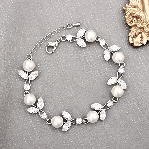 Luxury Cubic Zirconia Aurtrian Crystal Pearl Floral Necklace Dangle Earrings Wedding Bridal Jewelry Set Birthday Gifts for Her - color: Style2-Clear-Silver Plated