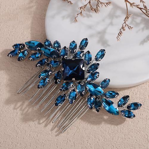 Square Rhinestone Hair Comb Silver Gold Rhinestone Wedding Headpiece Handmade Crystal Bridal Hair Comb Bridal Hairpiece for Brides Bridesmaid (silver peacock blue) - color: silver peacock blue