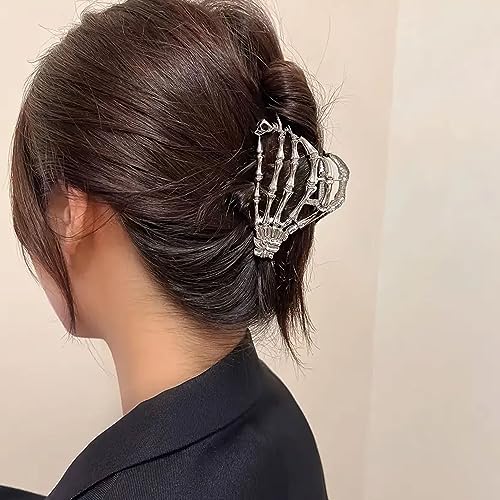 Metal Skull Hand Hair Clip, 1 piece, Silver, Punk-inspired Art, Skull Embellishment, Metal, Halloween, Hair Securing, Claw Hair Clip for Women's Hairstyle - color: Silver