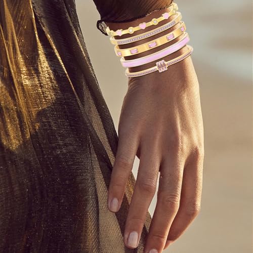 Camhanno Pink Heart Bangle Bracelets for Women - 18K Gold Plated Stackable Stainless Steel, Friendship & Love Jewelry Gift for Her - color: Pink