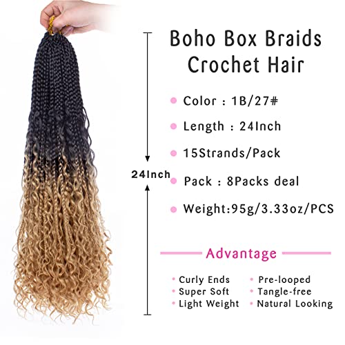 Unionbeauty 24 Inch 8 Packs Boho Box Braids Crochet Hair Curly Ends Goddess Box Braids Crochet Hair for Black Woman Bohemian Hippie Braids Pre-looped Ombre Synthetic Braiding Hair Extension 1B/27# - color: 1B/27#, size: 24 Inch (Pack of 8)