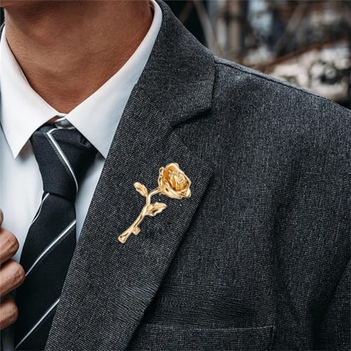 Red Rose Flower Brooches Pins for Women Men Elegant Crystal Flower Lapel Pin Retro Suit Hat Dress Accessories Wedding Valentine's Day Jewelry Gift - style: Gold