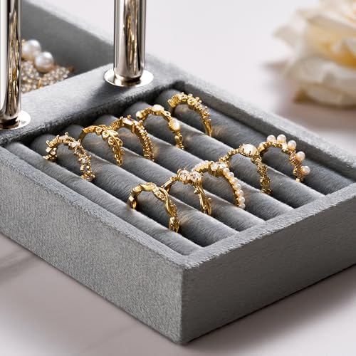 bussdis 2 Tier Bracelet Holder Display, Necklace Holder Organizer, Grey | Velvet Necklace Holder | Jewelry Tree | Jewelry Towers | Jewelry Stand Organizer for Necklaces, Bracelets, Earrings, Rings - color: Grey