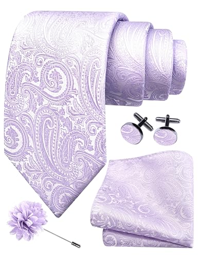 GUSLESON 3.15"（8cm） Mens Tie and Lapel Pin Paisley Necktie Hankerchief Cufflinks Set for Men - color: Lavender