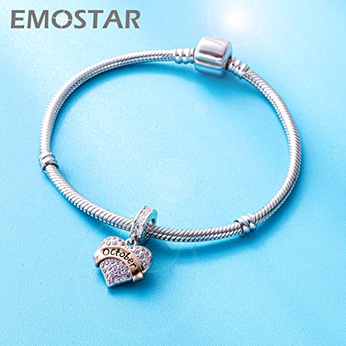EMOSTAR Jan-Dec Birthstone Charms fits European Birthday Bracelet, Dangle 925 Sterling Silver Heart Shaped Pendant with 12 Months Birthstones, Gifts for Mom/Women - color: October Birthstone