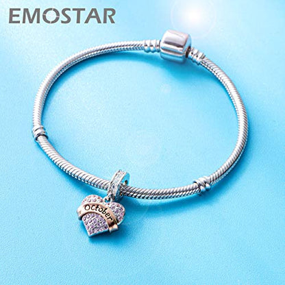 EMOSTAR Jan-Dec Birthstone Charms fits European Birthday Bracelet, Dangle 925 Sterling Silver Heart Shaped Pendant with 12 Months Birthstones, Gifts for Mom/Women - color: October Birthstone