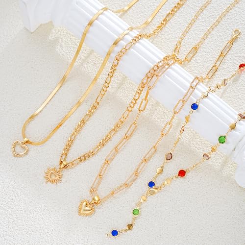 Colorful Crystal Long Necklace for Women Dainty Boho Y-Shaped Color Bead Necklaces Sparkly Rhinestone Pendant Layered Gold Long Chain Choker Good Luck Trend Jewelry Gift Jewelry - color: 4pcs-Gold