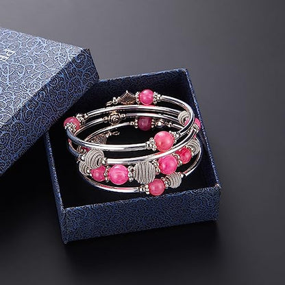 PEARL&CLUB Beaded Chakra Bangle Turquoise Bracelet - Fashion Jewelry Wrap Bracelet with Thick Silver Metal and Mala Beads, Birthday Gifts For Women - color: Hot pink